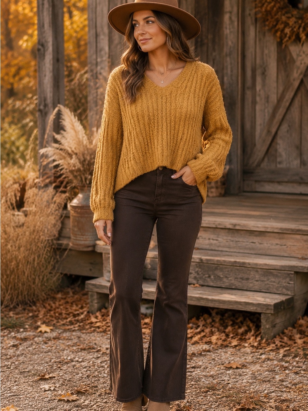 Freshman Mustard V-Neck Fuzzy Pullover Sweater